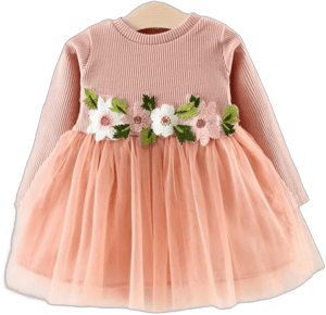 Patpat Girls Cotton Long-Sleeve Tutu Dress with Flower Waist