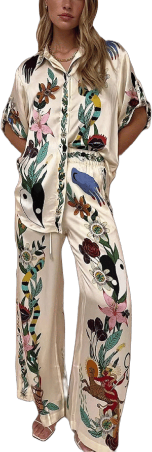 Floral Print Short Sleeve Button Lapel Shirt and Wide Leg Pants