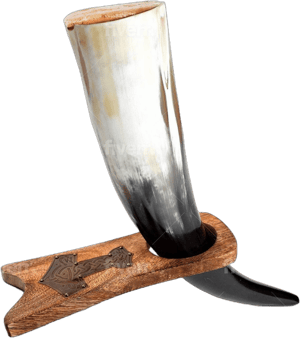 Norse Tradesman Genuine 20" Ox-Horn Viking Drinking Horn with Solid Wood Stand Engraved with Thor's Hammer