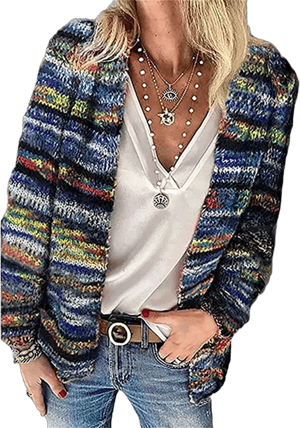 Women's Striped Front Open Knitted Cardigan Sweater