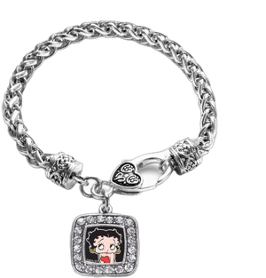 Betty Boop Women's Braided Silver Cubic Zirconia Square Charm Bracelet