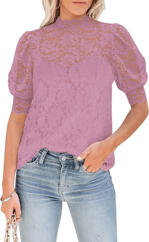 DOROSE Women's Dressy Casual Lace Floral Long Sleeve Shirt