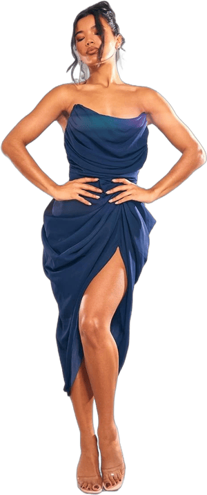 Women's Blue Chiffon Corset Bandeau Draped Midi Dress