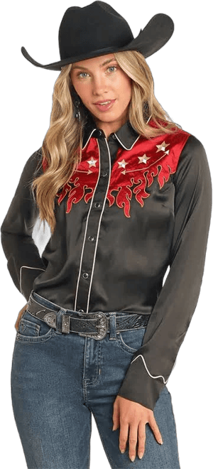 Rock and Roll Denim Women's West Desperado Retro Flame Embroidered Shirt