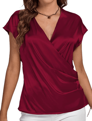 LYANER Women's Satin Silk Wrap V Neck Cap Sleeve Blouse