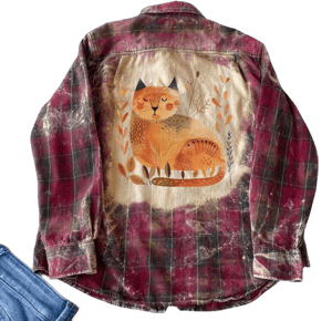 Cozy Cat Bleached Flannel Shirt Boho Nature-Inspired Graphic Plaid Top with Autumn Vibes