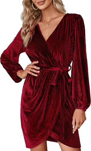 Women's Velvet Wrap V Neck Mini Dress with Belt