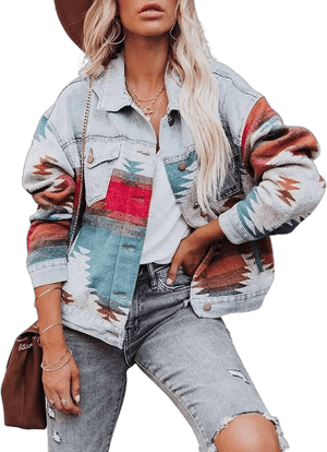 StrapsCo Women's Cropped Aztec Print Denim Jacket