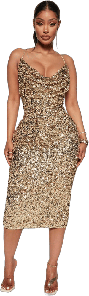 Fashion Nova Embellished Lace Up Sleeveless Sequin Cowl Neck Midi Dress