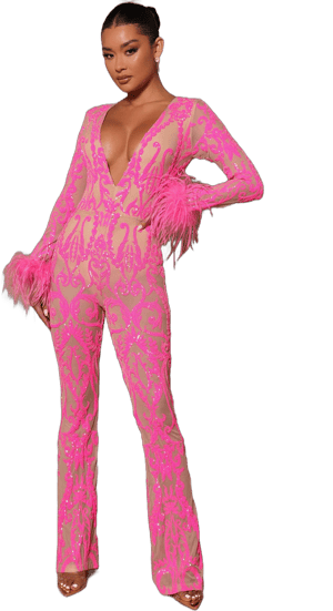 Fashion Nova Women's A Dancing Queen Sequin Feather Jumpsuit