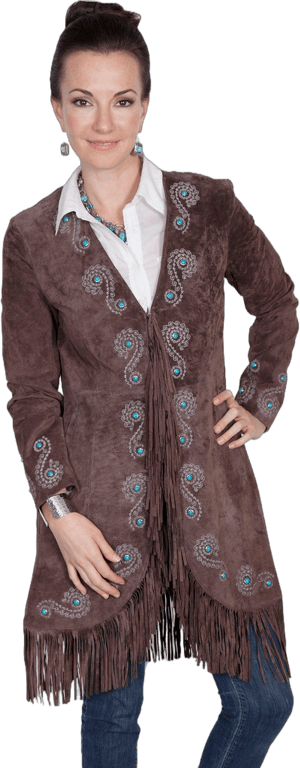 Scully Womens Fringe Embroidered Suede Coat