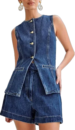 colarat Women's Denim 2 Piece Set Casual Business Sleeveless Jean Blazer Vest Tops and Shorts Outfit Tracksuits