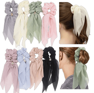 DINPREY Elegant Scarf Hair Ties For Women Girls 8 Pcs Double Layer Bow Scrunchies For Hair Cute Bunny Ear Bow Scrunchies with Assorted Colors