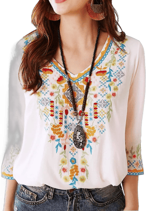 Women's Boho Mexican Embroidered 3/4 Sleeve Tunic Top