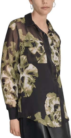 DKNY Women's Floral Print Long-Sleeve Chiffon Shirt