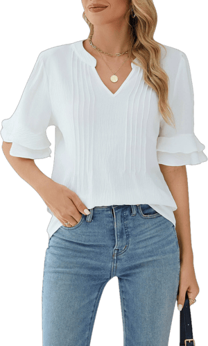 BMJL Womens White Blouses Chiffon Ruffle Short Sleeve V Neck Business Casual Tops Summer Cute Shirt