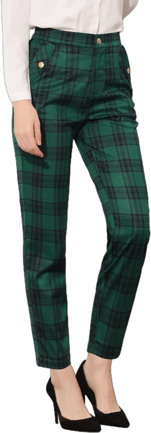 Allegra K Women's Vintage Tartan Plaid Pants Elastic Waist Straight Long Trousers