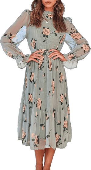 ANRABESS Women's Floral Puff Long Sleeve Ruffle Chiffon Midi Dress