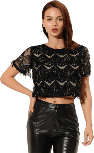 Allegra K Women's Metallic Pattern Short Sleeves Party Crop T-Shirt