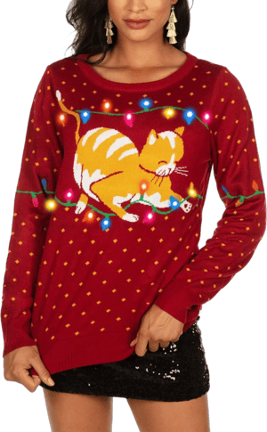 Tipsy Elves Women's Cat-itude Light Up Ugly Christmas Sweater