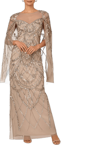 Adrianna Papell Women's Beaded Illusion Boat Neck Cape-Sleeve Sheath Gown