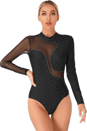 vastwit Women Shiny Rhinestone Ballet Dance Leotard Keyhole Back Mesh Long Sleeve Gymnastics Bodysuit