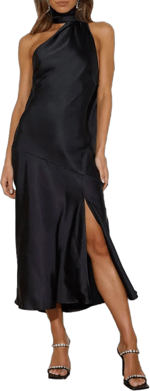 Sexyshine Women's Elegant Halter Tie Neck Sleeveless Satin Long Dress Backless Split Cocktail Party Formal Wedding Maxi Dress