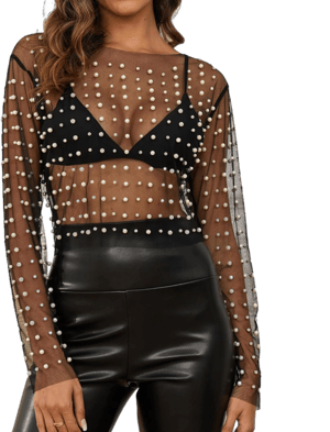 Naileksi Women's Pearl Rhinestone Sheer Mesh Long Sleeve Crop Top