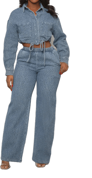 Micas Denim Long Sleeve Drawstring Top and Jeans Set