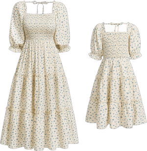 Mommy and Me Matching Floral Printed Ruffled A-Line Long Dresses