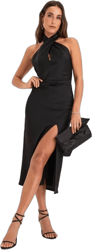 Lulus Black Satin Halter Midi Dress Womens