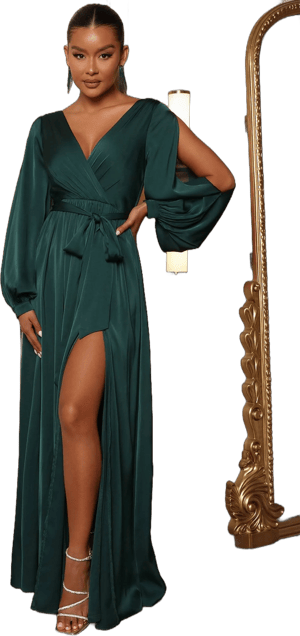 Fashion Nova Belle Satin V-Neck Long Sleeve Maxi Dress