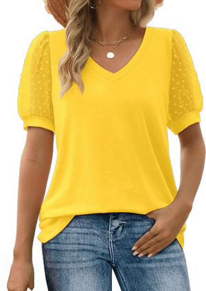 Women's Loose V-Neck Puff Sleeve Swiss Dot T-Shirt