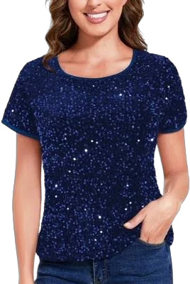 Anna-Kaci Women's Sparkling Sequin Embellished Short Sleeve Crew Neck Blouse