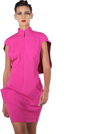 ZulaStudios Samurai 2. Japan Inspired Hot Pink High Neck Open Back Plastic Spine Detail Dress with Pockets Pencil Skirt with Cape