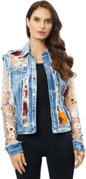 Embroidered Denim Jacket with Frayed Edge