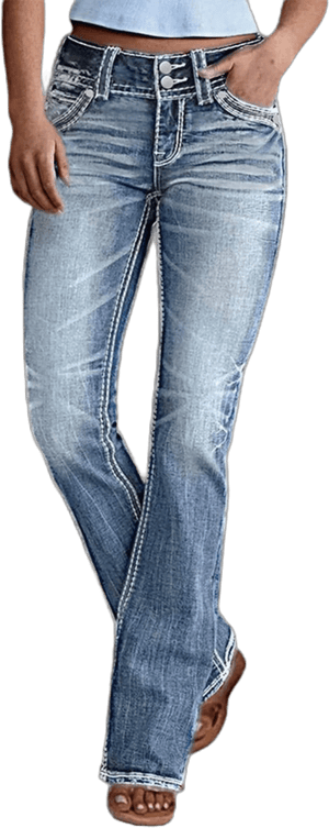 Women's Mid-Waisted Bootcut Distressed Denim Jeans