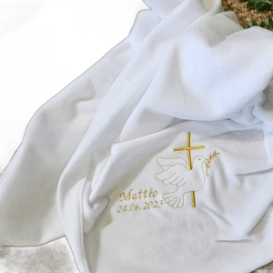 White baptism blanket Fleece embroidered CROSS AND DOVE and customizable - Z-1