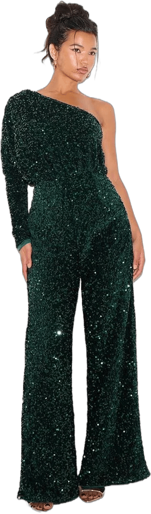 Women's Emerald Green Velvet Sequin One Shoulder Wide Leg Jumpsuit