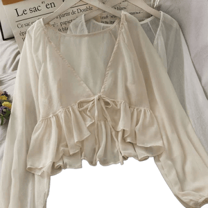 Lemongrass Tie-Waist Balloon-Sleeve Chiffon Cardigan