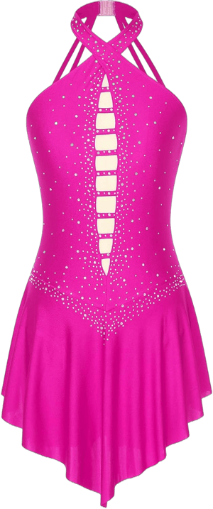 Womens Sparkly Rhinestones Lyrical Dance Costume Sleeveless Halter Neck Figure Ice Skating Dress Hot Pink Large