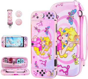 FUNDIARY Pink Carrying Case for Nintendo Switch OLED with Princess Peach Design, Cute Anime Girl Bundle with Storage Travel Bag, Hard PC Protective Case, Shoulder Strap, Screen Protector & 2 Thumb Cap Kawaii