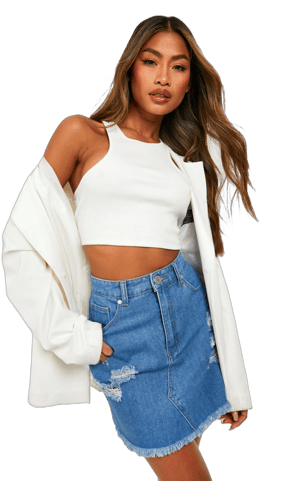 boohoo Women's High Waisted Ripped Denim Skirt