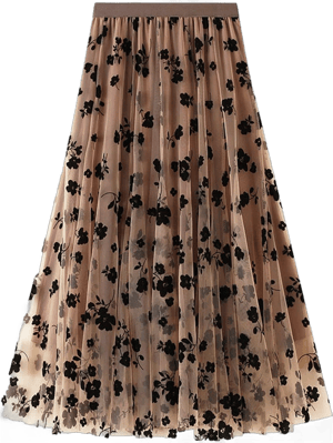 3D Floral Print Mesh A-Line Midi Skirt