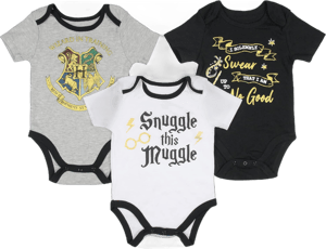 Happy Threads Harry Potter Infant Baby Boys Hogwarts Muggle Solemnly Swear One Piece Pajama Romper 3 Pack (6-9 Months), Multicolored