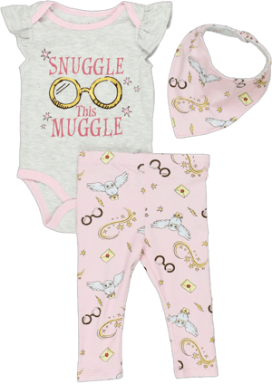 Harry Potter Infant Baby Girls One Piece Bodysuit with Pull-on Pant Bib Set HPG200