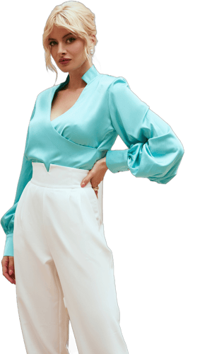 Tiffany-blue Silk Puff-Sleeve Wrap Blouse