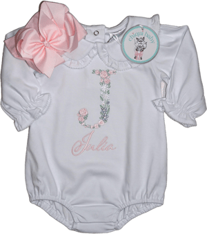 Long Sleeve Girl coming home outfit, Floral Embroidery Bubble, Light Pink Bow/Headband, Monogrammed Romper, Pima Cotton, Personalized