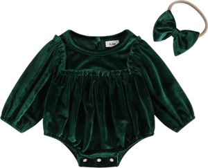 Baby Girl Christmas Velvet Romper Long Sleeve Smocked Jumpsuit with Headband Infant Fall Winter Photoshoot Outfits Green 6-12 Months