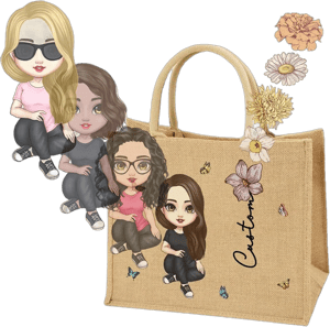 Tote Bag for Women Personalized, Custom Beach Tote, with Cartoon Character & Birth Flower & Name on Personalized Present Jute Tote Bags Gifts for Wedding, Birthday, Beach, Holiday